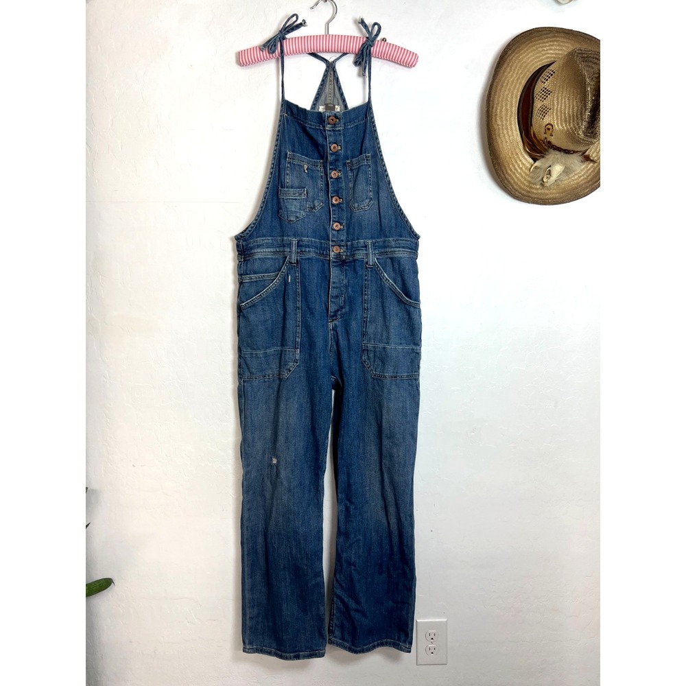 Anthropologie Pilcro Painters Overalls 32 Blue Denim Tie Strap Jumpsuit Wide Leg